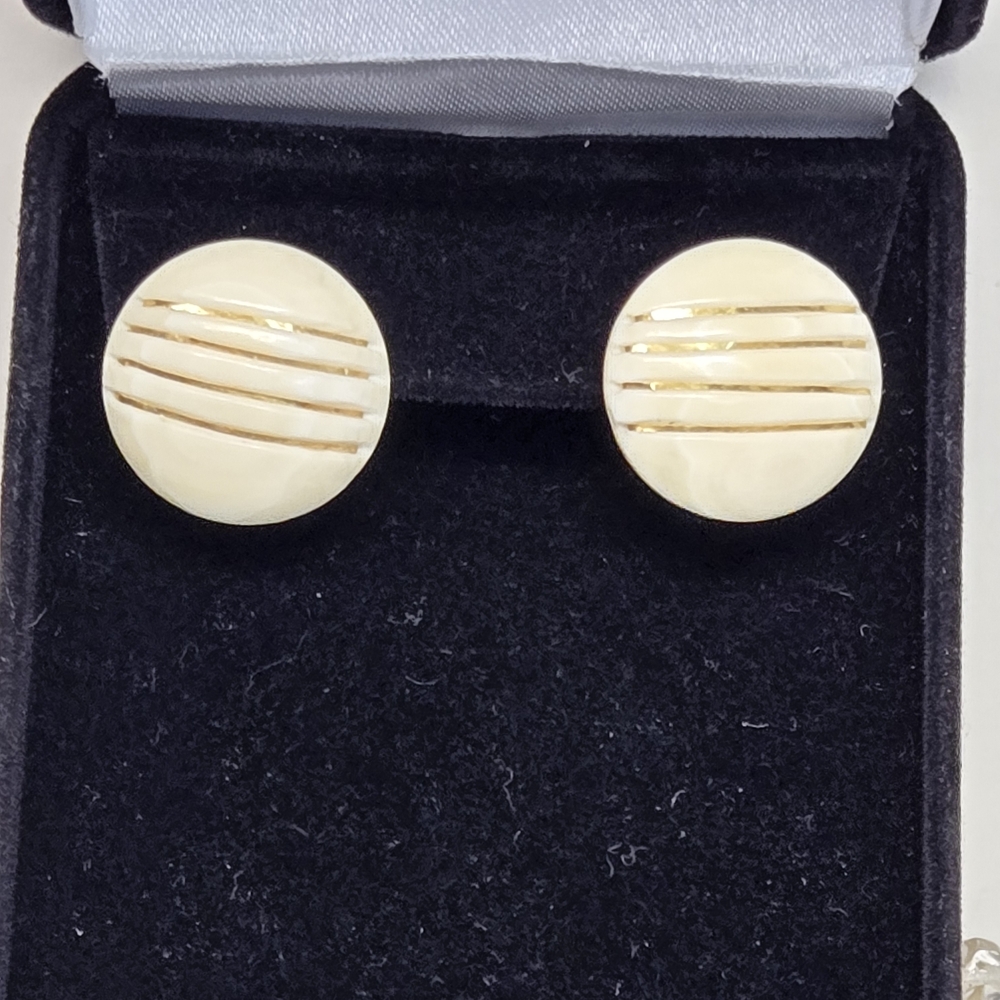 14k Bone Round Cream and Gold Striped Button Earrings